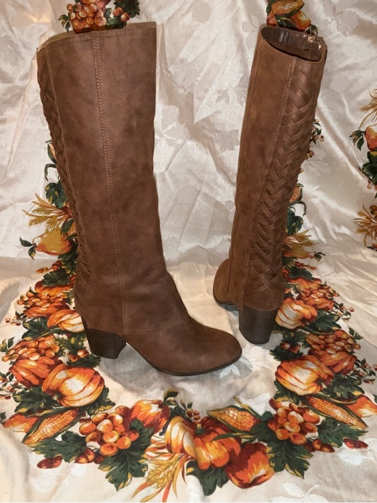 Fergalicious Shoes - Fergalicious Brown Knee-High Braided-Back Block Heel Boots